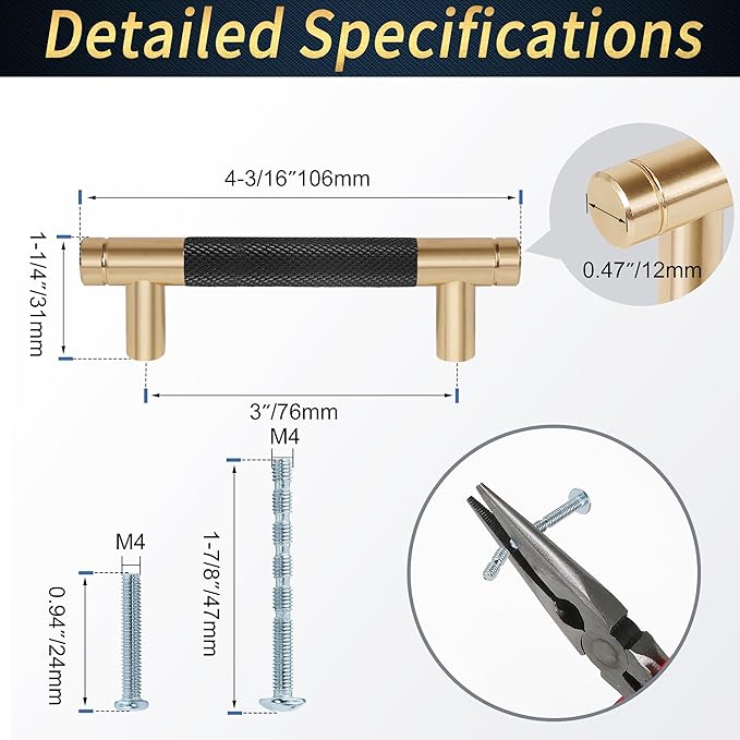 Knurled Cabinet Pulls 12 Pack, 4 Inch Long Cabinet Handles Metal Door Pulls, Kitchen Drawer Pull Knurled Dresser Handles - 3" Hole to Hole, Black & Gold