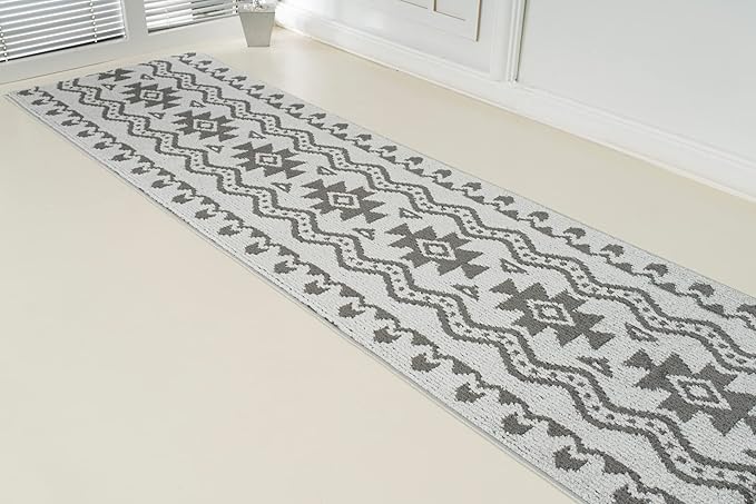 Custom Size Southwestern Style Runner Rug Mat for Wide Hallway Entryway Kitchen Laundry Room with Slip Resistant Latex Rubber Backing, Aztec Light Grey, 31 inch X 20 feet