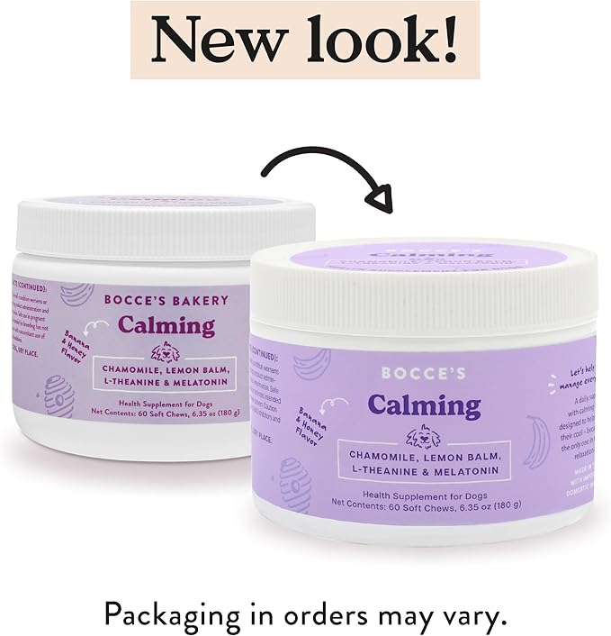 Bocce's Bakery Calming Supplement for Dogs, Daily Chews Made in The USA with Chamomile, Lemon Balm, L-Theanine & Melatonin, Supports Stress, Peanut Butter & Honey, 60 ct-Mewly Pet