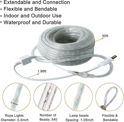 SURNIE Rope Lights Outdoor Waterproof Daylight White: LED 50FT Cuttable Outside Bright 110V Lighting Connectable Flexible Plug Cool Clear Tube, Indoor Deck Patio Xmas Camping Decor, Not Flat Strip