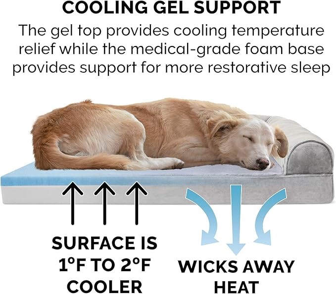 Furhaven Cooling Gel Dog Bed for Large Dogs w/ Removable Bolsters & Washable Cover, For Dogs Up to 95 lbs - Faux Fur & Velvet Sofa - Smoke Gray, Jumbo/XL-Mewly Pet