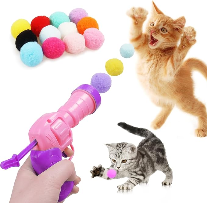 Mewlmart Interactive Cat Toys for Indoor Cats Pink Cat Pom Pom Balls Plush Ball Launcher Cat Fetch Toy Enrichment Toys 30 Balls-Mewly Pet