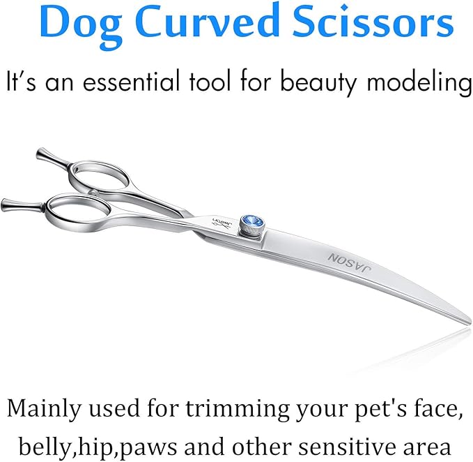 JASON 7" Curved Dog Grooming Scissors, Ergonomic Pets Cats Trimming Shears with Offset Handle and a Jewelled Screw for Right Handed Groomers, Sharp, Comfortable-Mewly Pet