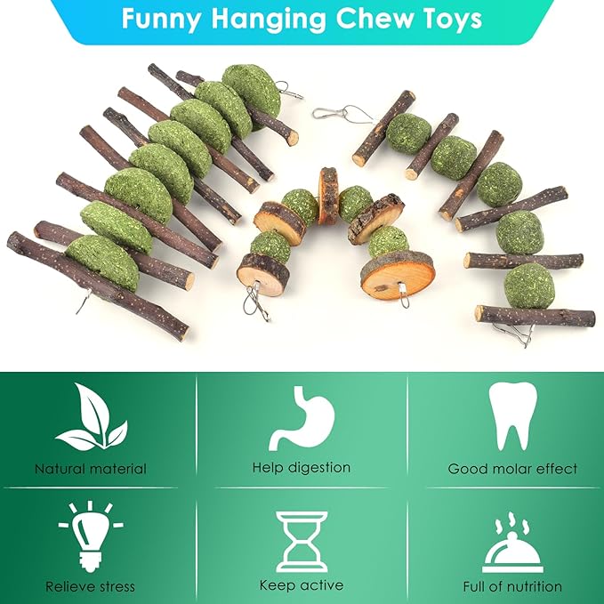 ERKOON Bunny Chew Toys, Rabbit Chew Toys for Teeth Grinding, Improve Dental Health, 100% Natural Apple Wood Timothy Grass Cake Treats for Rabbits Guinea Pigs Chinchillas Bunnies Hamsters (5 Pcs)-Mewly Pet