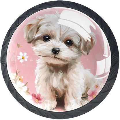 4 Pieces Drawer Knobs Puppy Dog with Flowers on Pink Background 35mm Black Base Dresser Knobs Closet Door Cabinet Hardware Handles Pulls for Kitchen Bedroom Cupboard