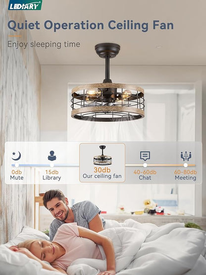 LEDIARY 16.5in Caged Ceiling Fan with Light, Fandelier Industrial Ceiling Fan with Remote, Rustic Metal Fan Lights Ceiling Fixtures for Kitchen, Farmhouse, Bedroom（6 Speed,1/2/4/8h Timing）-Brown