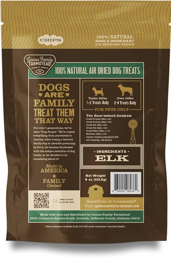Gaines Family Farmstead Elk Chips for Dogs – 4 oz, Natural Single-Ingredient Dog Treats, High-Protein Rawhide-Free Chews, Healthy Grain-Free Snacks, Made in USA-Mewly Pet