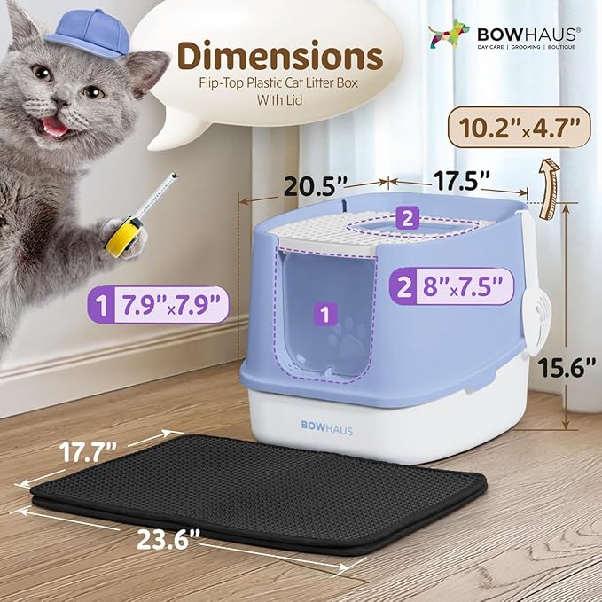 Fully Enclosed Cat Litter Box w/Lid, Scoop, Cat Mat & Odor Fitter, Large Plastic Cat Toilet with Double Door, Anti-Splashing Cat Litter Box with Lockable Front Door, Blue-Mewly Pet