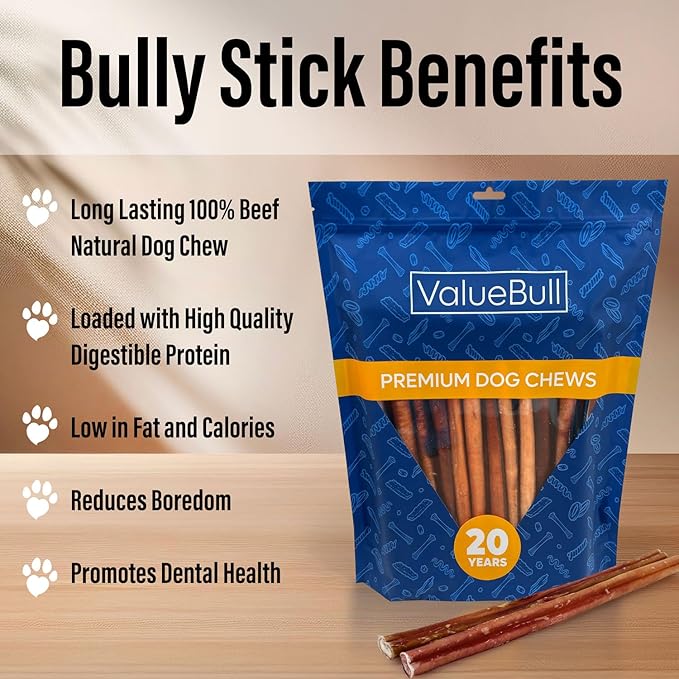 ValueBull Bully Sticks for Large Dogs, Jumbo 12 Inch, 25 Count - All Natural, Grass Fed, Single Ingredient, Long Lasting Dog Treats for Aggressive Chewers-Mewly Pet