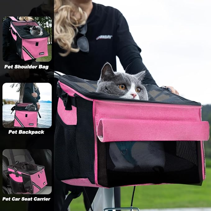 Pet Carrier Bicycle Basket Bag Pet Carrier/Booster Backpack for Dogs and Cats with Big Side Pockets,Comfy & Padded Shoulder Strap,Travel with Your Pet Safety（Pink Carnation）-Mewly Pet