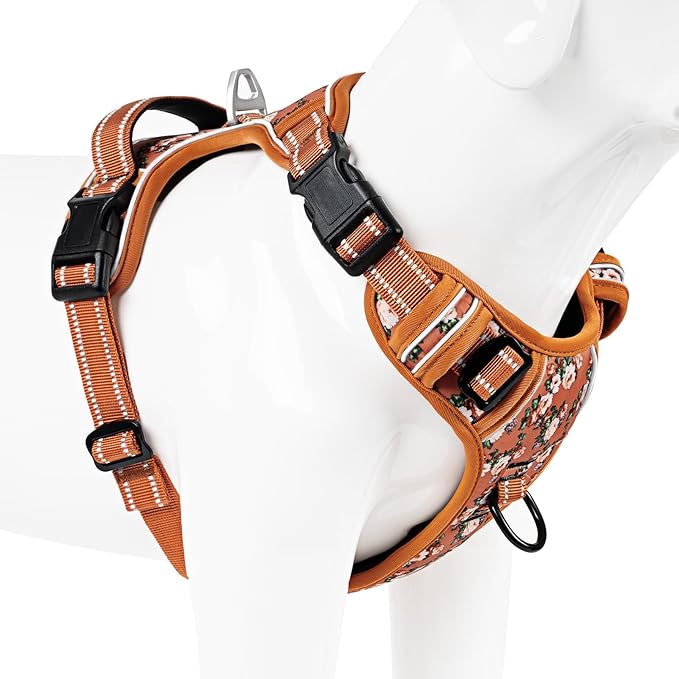 Timos Dog Harness for Large Dogs, No Pull Service Vest with Reflective Strips and Control Handle,No Choke Dog Harness with 2 Metal Rings for Easy Walking,Outdoor Training,Flower Orange, L-Mewly Pet