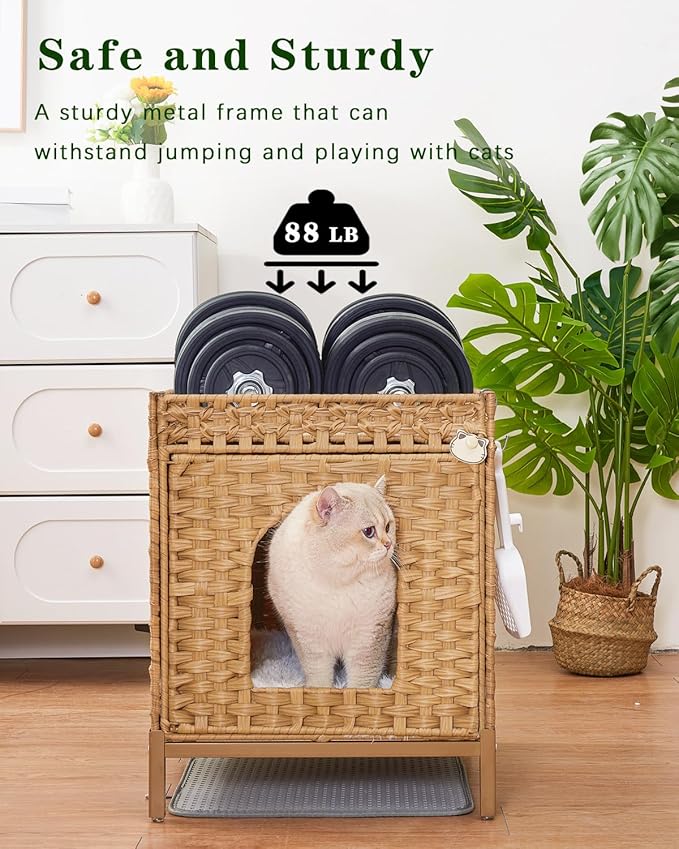 Cat Litter Box Enclosure Hidden Litter Box Furniture with Metal Heightened Feet, Rattan Handwoven Cat House with Litter Mat, Hidden Litter Box Furniture for Bedroom Living Room Natural-Mewly Pet