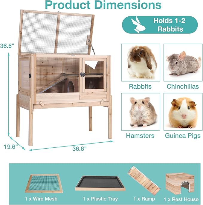 Guinea Pig Cage with Wooden Stand,Indoor Rabbit Hutch with 2 Stories,Hamster Cage with Anti Chew Ramp,Hideout, Platform, Pull Out Tray (Wood)-Mewly Pet