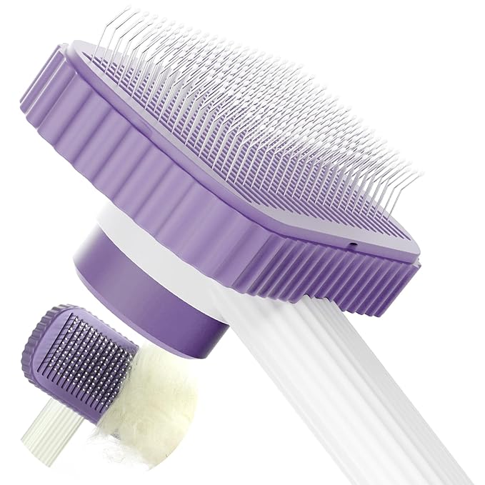 Cat brush, Cat Brush for Long or Short Haired Cats, Remove Loose Fur and Mats, Rounded Pins Reduces Painful Pulling, Not for Tangle and Curly Fur, Violet-Mewly Pet