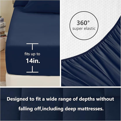 CozyLux Oversized King Comforter Sets Navy Blue, 7 Pieces Bed in a Bag, Ultra-Soft All Season Bedding Sets with Stitch Quilted Comforter, Flat Sheet, Fitted Sheet, Pillowcases, Navy Blue