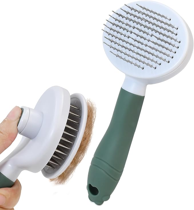Pet Self-Cleaning Slicker Brush for Dogs & Cats, Deshedding Grooming Comb, Removes Loose Undercoat Hair & Mats, Skin-Friendly Massaging Tool for Long/Short Fur, Large & Small Breeds (Green)-Mewly Pet