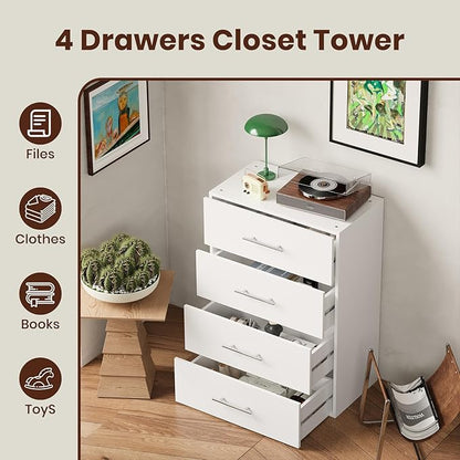 ROOMTEC 25.5" 4 Drawer Short Tower Closet Unit, Modular Closet System with Drawers and Shelf, Wardrobe Organizer for Bedroom or Walk-in Closet, Wall Mounted, Customizable Clothes Storage Unit, White
