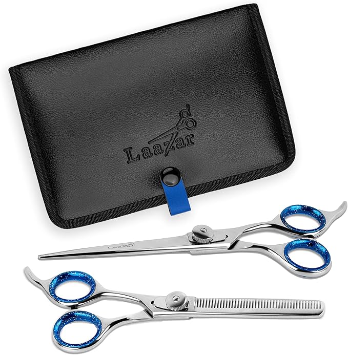 Laazar Pet Grooming Set - 7" Straight Pet Grooming Scissors & 6.5" Pet Thinning Shears with 42 Teeth | Professional Dog Scissors Kit | Use as Cat and Dog Shears-Mewly Pet