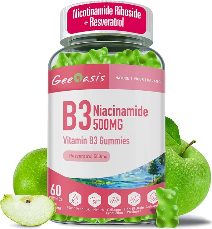 Niacinamide 500mg Gummies, Chewable Vitamin B3 Supplement with Resveratrol 500mg, High Potency Niacin for Antioxidant, Skin & Brain Health, Immune Support, Vegan Apple Flavor, 60 Count-Mewly Pet