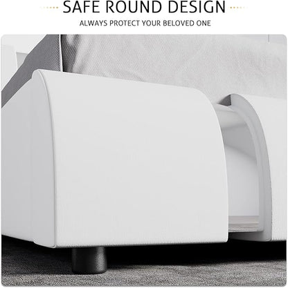 SHA CERLIN King Size Bed Frame with Iron Pieces Decor and Adjustable Headboard/Deluxe Upholstered Modern Platform Bed with Solid Wooden Slats Support/No Box Spring Needed, White