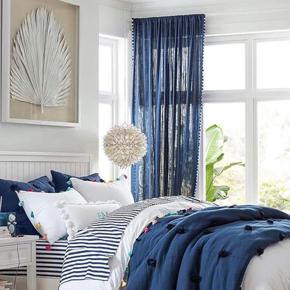 Treatmentex Pompom Sheer Window Curtains for Boy's Bedroom Guest Room Navy Blue Slub Textured Sheer Drapes for Window Office 108" Length, 52" w x 2 Pack Rod Pocket