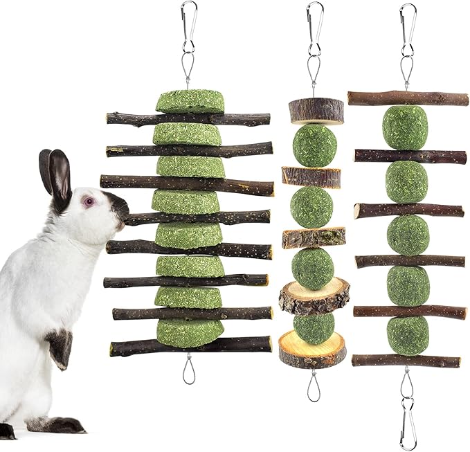 ERKOON Bunny Chew Toys, Rabbit Chew Toys for Teeth Grinding, Improve Dental Health, 100% Natural Apple Wood Timothy Grass Cake Treats for Rabbits Guinea Pigs Chinchillas Bunnies Hamsters (3 Pcs)-Mewly Pet