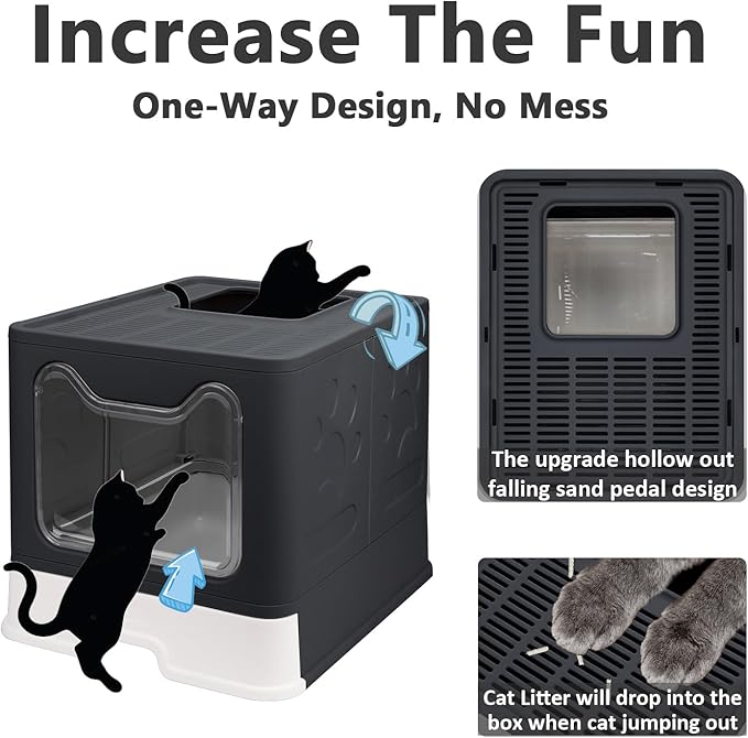 Foldable Cat Litter Box with Lid, Enclosed Potty, Large Top Entry Anti-Splashing Toilet, Easy to Clean Including Litter Scoop and 2-in-1 Cleaning Brush (Black)-Mewly Pet