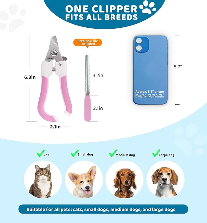 Pet Nail Clippers and Trimmers for Dogs and Cats, Professional Grooming Tool with Safety Guard, Sharp Blades, Free Nail File, Avoid Overcutting, Suitable for Small and Large Pets (Pink)-Mewly Pet