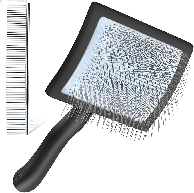 Dog Slicker Brush for Shedding and Grooming Medium or Long Haired Cats, Extra Long & Soft Pin Slicker Brush for Removes Loose Hair, Tangles, Knots, Undercoat, Free Pet Comb, Large Black-Mewly Pet
