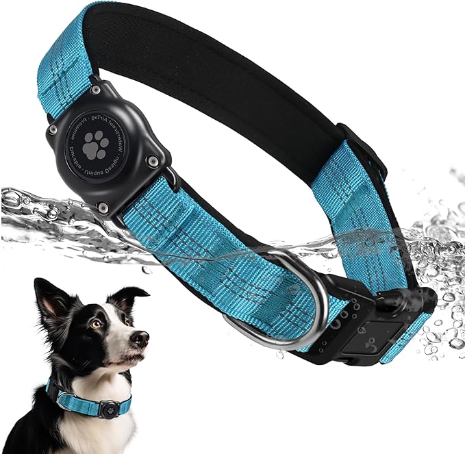 Upgraded AirTag Dog Collar, IP68 Waterproof Air Tag Dog Collar Holder, Reflective, Ultra-Durable, Comfortable Padded, Heavy Duty Dog Collars for Small Medium Large Dogs (L (14.8"-20.3"), Blue)-Mewly Pet