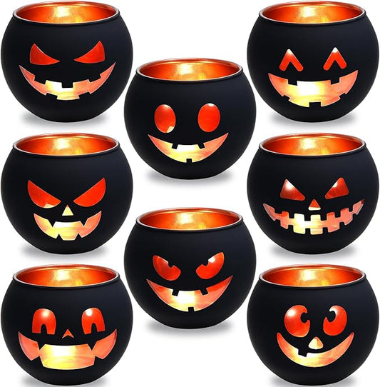 Set of 8 Halloween Candle Holder, Tealight Grimace Holder, Black Votive Candlesticks for Table Centerpieces Party Decoration