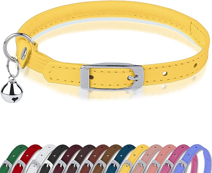 OOPSDOGGY Rolled Leather Cat Collar with Bell, Reflective Kitten Collars with Buckle Include Safety Elastic Strap - Adjustable Small Pet Collars for Boy Girl Cats (Yellow)-Mewly Pet