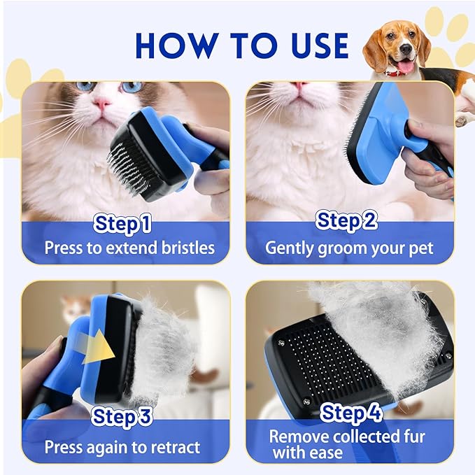 Large Self Cleaning Deshedding Brush for Dogs & Cats - One Button Hair Release Grooming Tool, Gentle Massage Brush for Long and Short Hair (Blue)-Mewly Pet