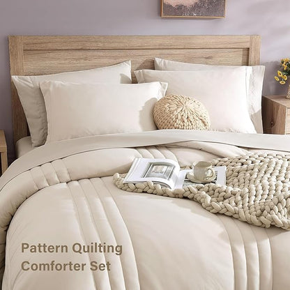 Monbix Oversized Queen Comforter Set - 7 Pieces Apricot Beige Bed in a Bag Queen Bedding Sets with Comforters, All Seasons Down Alternative Comforter Bed Set with Sheets,Pillowcases & Shams