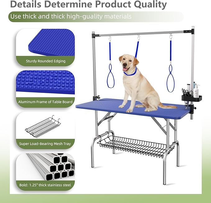 VFK 47'' Large Dog Grooming Table Stainless Steel Foldable Grooming Table for Dogs at Home Adjustable Height Arms Pet Station with Nooses, Mesh Tray, Tool Organizer-Mewly Pet
