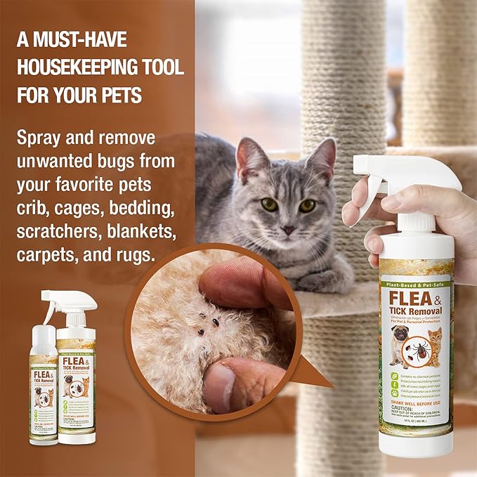 EcoVenger Flea & Tick Removal Spray 16oz for Dogs and Cats, Protects from Fleas, Mites, Ticks & Mosquitoes, eliminates+ Repels+ Housekeeping, Indoors/Outdoors, Plant-Based Formula Safe for Pets & Kids-Mewly Pet