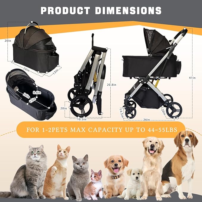 Pet Stroller for Small & Medium Dogs Cats up to 55 lbs 4-in-1 Foldable Travel Pet Stroller with Detachable Carrier Lightweight All-Terrain Spring Damping,Car Seat,Sun Canopy,Black-Mewly Pet