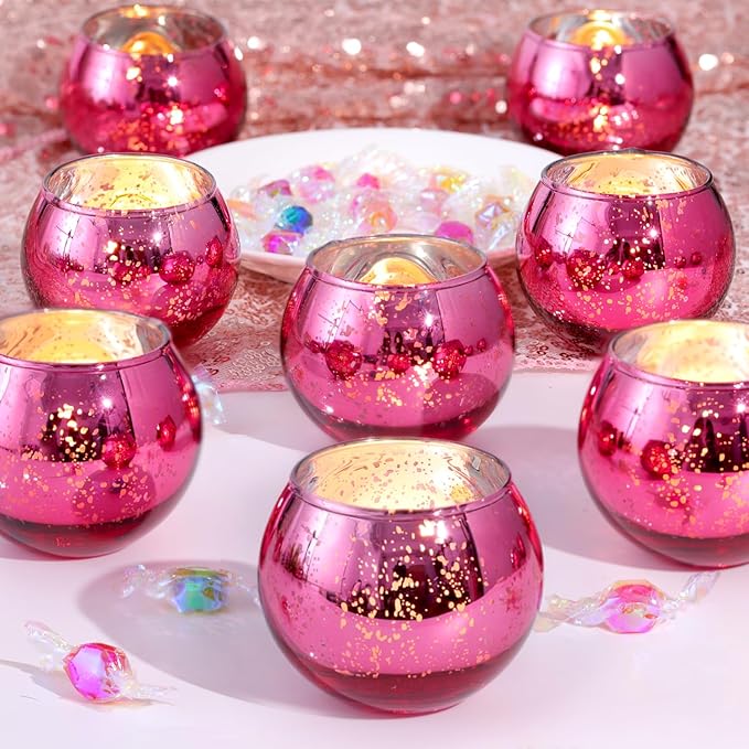 LAMORGIFT 12 Pcs Hot Pink Candle Holders for Barbie Birthday Party Decorations- Summer Bridal Shower Decorations, Votive Candle Holders for Wedding, Pink Candle Centerpieces for Disco, Cowgirl Party