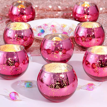 LAMORGIFT 12 Pcs Hot Pink Candle Holders for Barbie Birthday Party Decorations- Summer Bridal Shower Decorations, Votive Candle Holders for Wedding, Pink Candle Centerpieces for Disco, Cowgirl Party