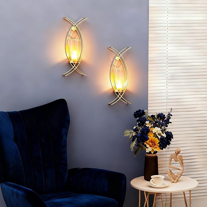 Sconces Wall Decor Set of 2 Hurricane Candle Holder - Modern Decorative Candle Wall Sconce Golden Metal Wall Mount Gold Decorations for Living Room Bedroom Bathroom Hallway Outdoor