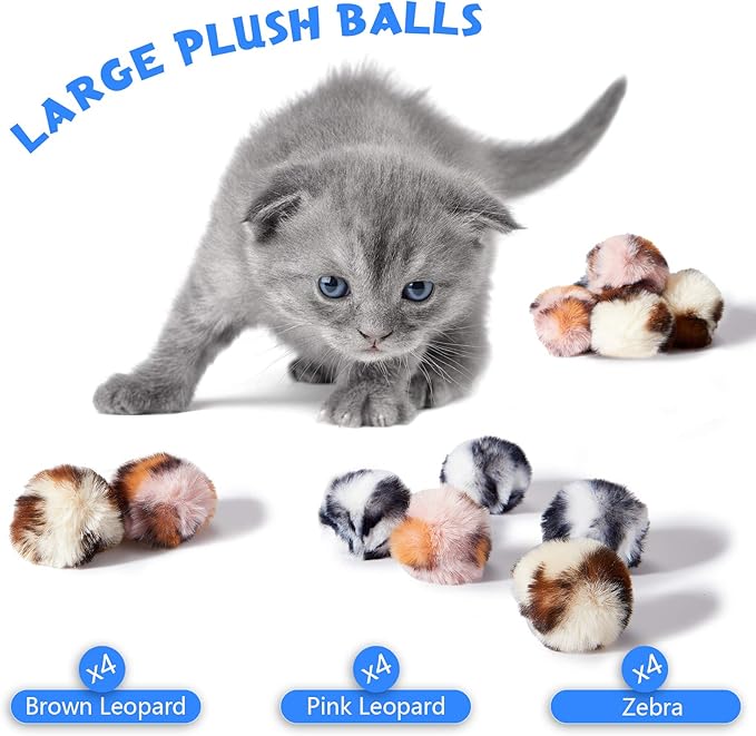 Weewooday 12 Pieces Cat Pom Pom Balls Toys Large Fuzzy Cat Ball Artificial Large Plush Ball for Cats Pets Interactive Playing Indoor(Pink,Leopard)-Mewly Pet