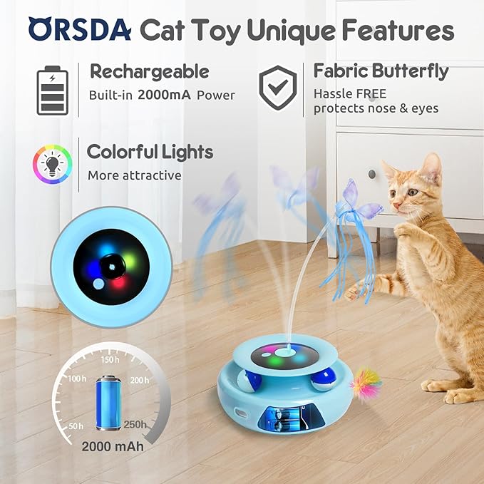 ORSDA Cat Toy, 3-in-1 Automatic Interactive Electronic Moving Ambush Feather, Fluttering Butterfly, Track Balls, USB Rechargeable Powered Smart Indoor Exercise Kicker-Mewly Pet