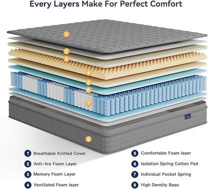 Vesgantti 12 Inch Multilayer Hybrid Twin XL Mattress - Multiple Sizes & Styles Available, Ergonomic Design with Memory Foam and Pocket Spring, Medium Firm Feel, Grey