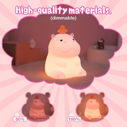 Cute Hippo Gifts for Kids,Pink Hippo Night Light, Dimmable Silicone Animal Nursery Night Light, Adorable Rechargeable Squishy Touch Lamp, Hippopotamus Gifts for Boys Girl Baby Room Decor