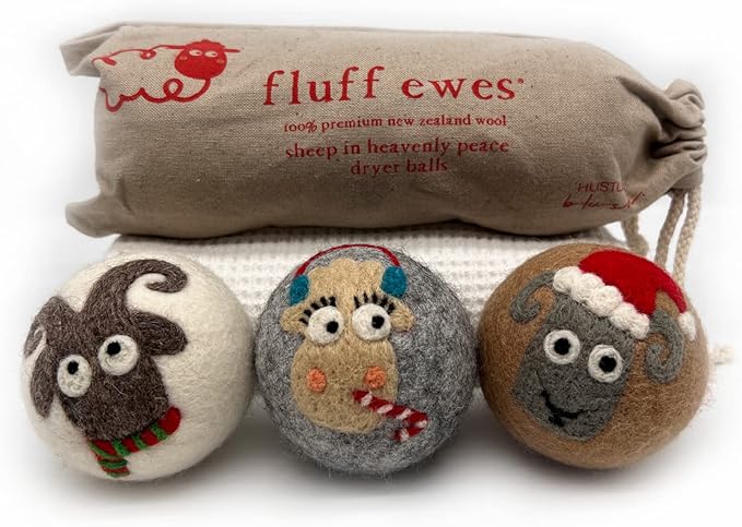 Fluff Ewes Wool Dryer Balls 3 Pack Premium New Zealand Wool Laundry Balls for Dryer, No Static Dryer Balls Laundry Reusable, XL Christmas Dryer Balls, Holiday Dryer Balls - Sheep in Heavenly Peace-Mewly Pet