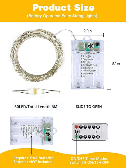 6 Pack 60LED Christmas Battery Operated Fairy Lights with Remote, 8 Modes String Lights with Timer, Dimmable, Memory Function, Waterproof Twinkle Lights for Outdoor Indoor Christmas Decor(Warm White)