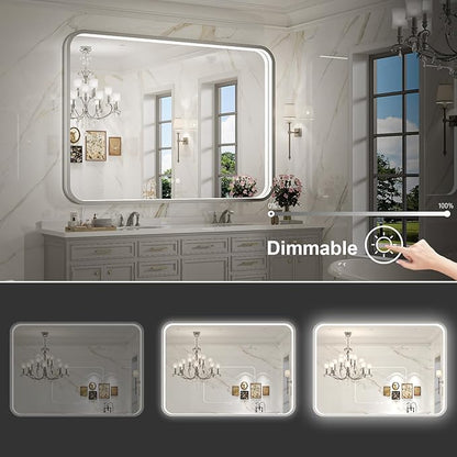 LED Bathroom Mirror with Lights,43x36 Inch Brushed Silver Framed Lighted Vanity Mirror,Anti Fog Stepless Dimmable Wall Mounted(Horizontal/Vertical)