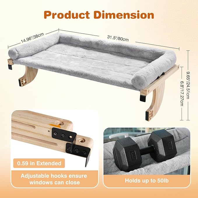 Oversized Cat Window Perch, 31.5 x 14.96 in, Cat Window Hammock with Plush Bolster for Large Felines and Multi Felines, Adjustable Cats Bed for Windowsill, Bedside, Cabinet & Drawer (Gray)-Mewly Pet