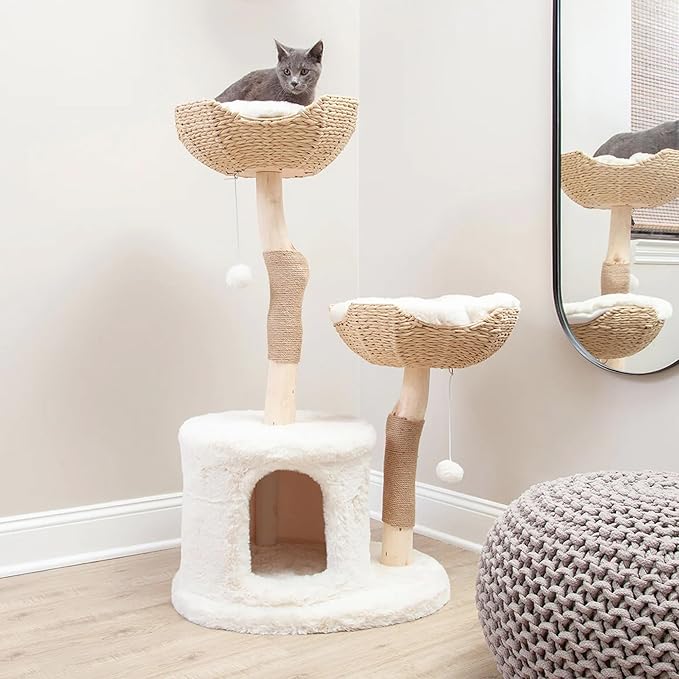 The Bungalow Cat Tree - Luxury Cat Condo, Large Modern Indoor Tower with 2 Faux Fur Beds, Scratching Posts, Toys, and Den for Cats, 23.5-Inch Width x 18-Inch Depth x 43-Inch Height-Mewly Pet