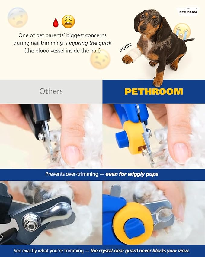 PETHROOM] Professional Dog Nail Clipper with Transparent Guard & Nail File | Adjustable Cutting Length (1-3mm) Sturdy, Durable Stainless Steel Blade | Nail Trimmer for Pets Avoid Overcutting-Mewly Pet
